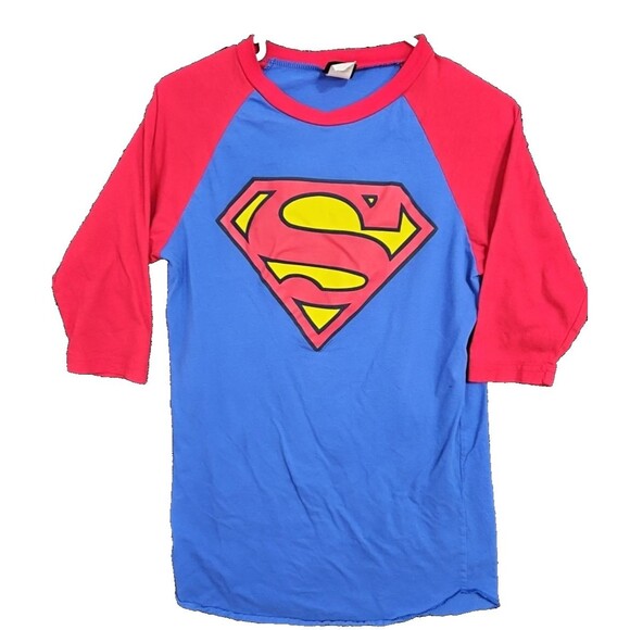 Superman Vintage Made in USA T-Shirt Medium DC Comic 3/4 Sleeve Red & Blue - Picture 1 of 7